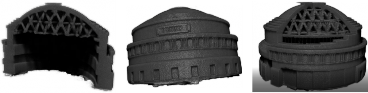 Tomographic projections of a 3-D printed model of the MIT Great Dome structure. The model is made of stainless steel and is 1" in diameter