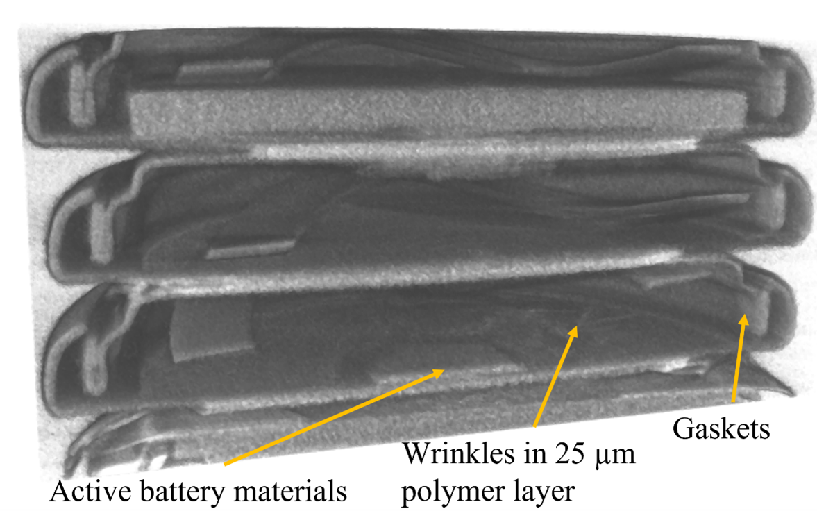Tomographic images of solid ceramic electrolyte batteries with their parts