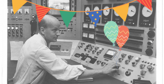 MIT Nuclear Reactor Lab's first director, Theos Thompson, operating the MITR-I, with banner and balloon clipart